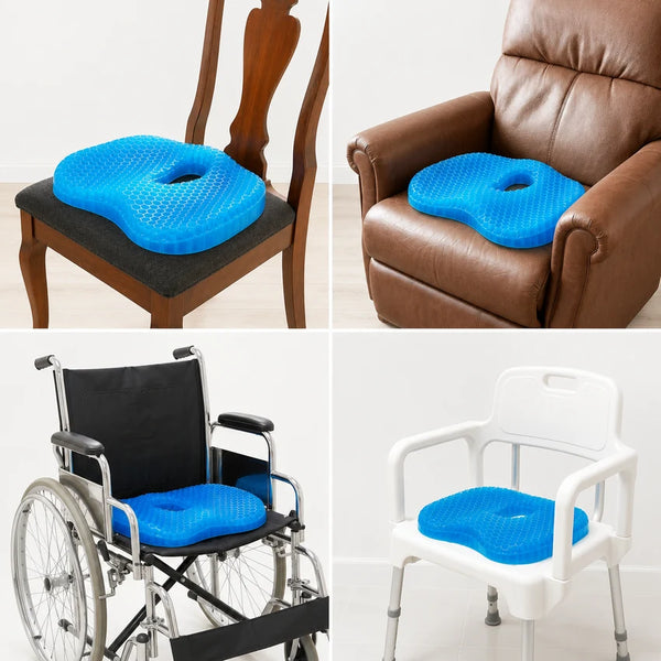The MediGel cushion shown on four different seats: a dining chair, a leather recliner, a wheelchair and a shower chair