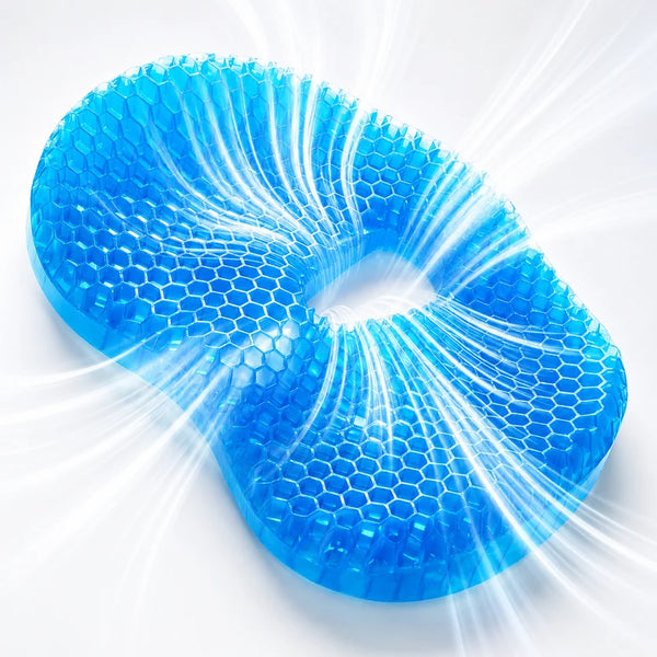 Close-up of the blue honeycomb MediGel cushion with white streams showing airflow moving through the gel grid