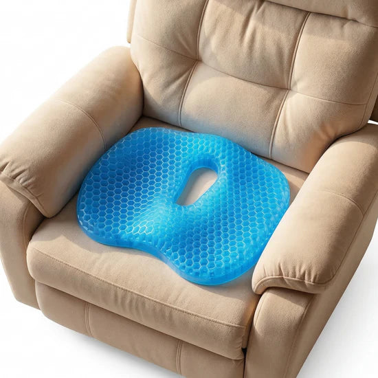 The MediGel gel seat cushion resting on a beige recliner