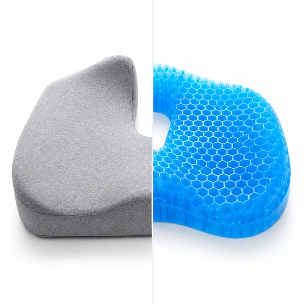 Side by side comparison: a grey foam cushion collapsing flat next to a blue honeycomb gel cushion holding its shape